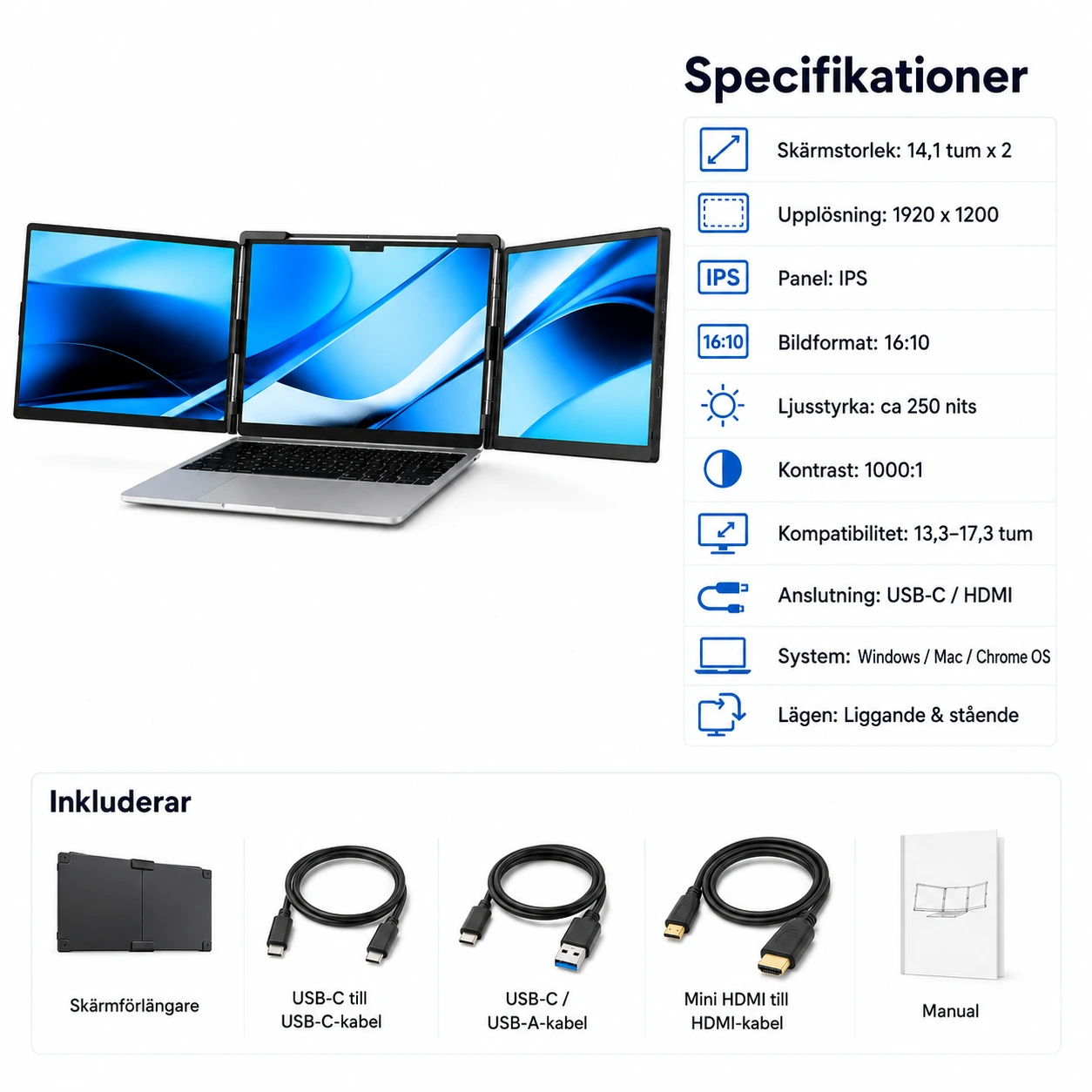 Dopesplay 14.1 tum Laptop Skärmförlängare Trippla Skärmar för Windows och Mac