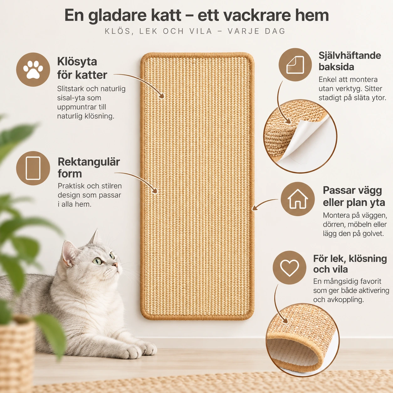 Klösmatta för katt med självhäftande baksida