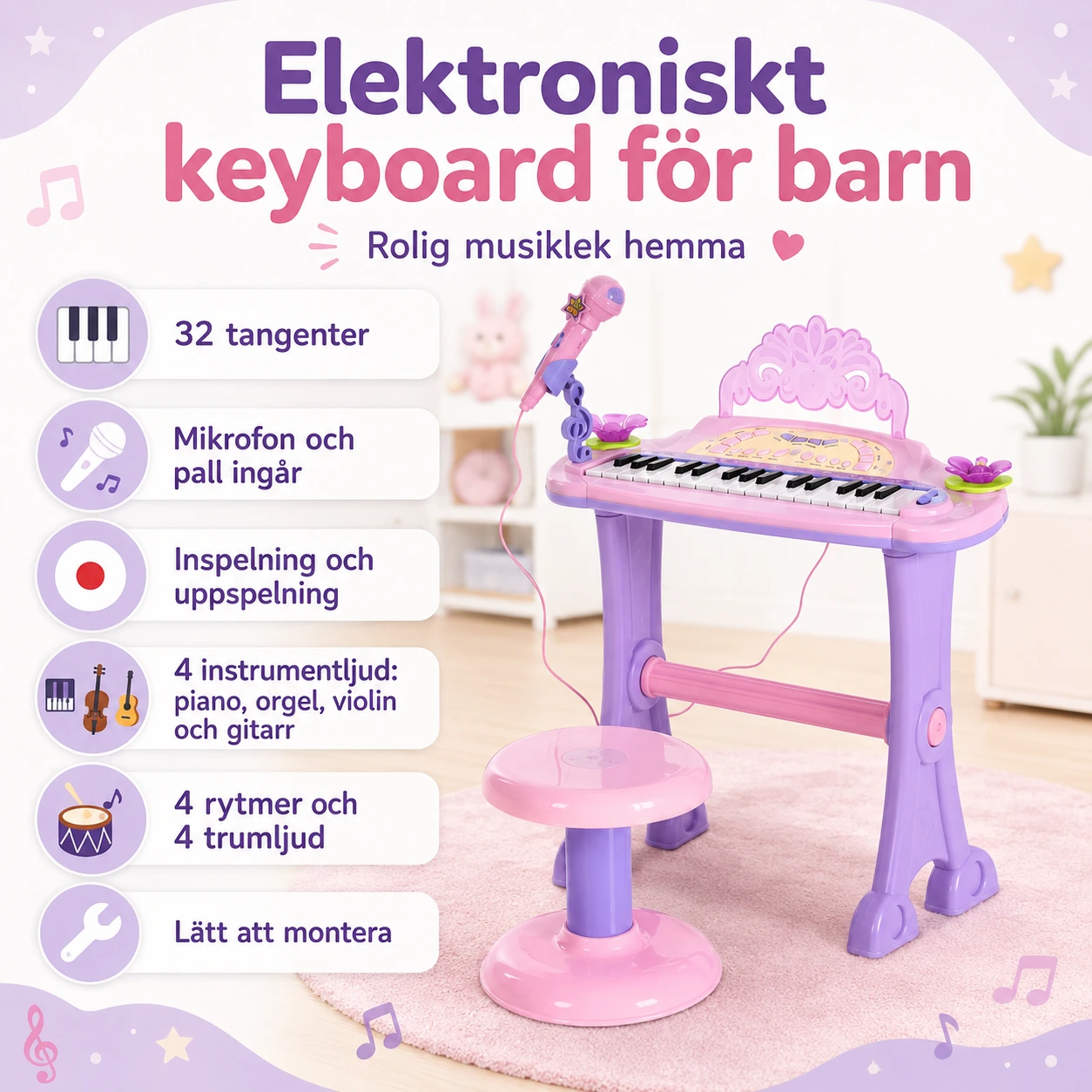 Elektroniskt keyboard för barn med mikrofon och pall