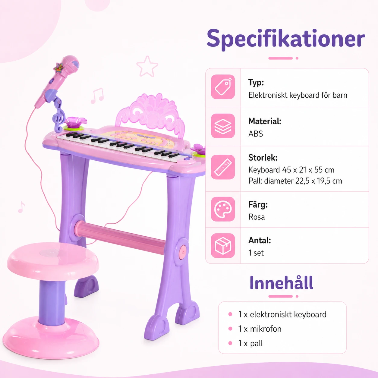 Elektroniskt keyboard för barn med mikrofon och pall