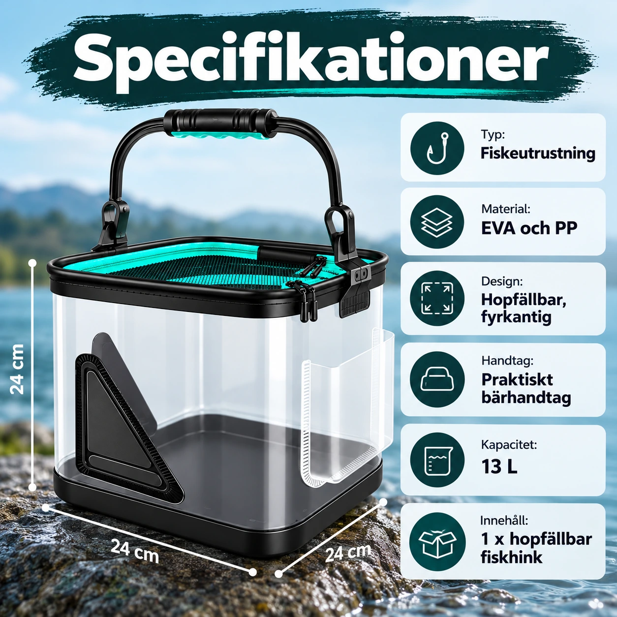 Fyrkantig fiskhink i EVA med handtag, hopfällbar