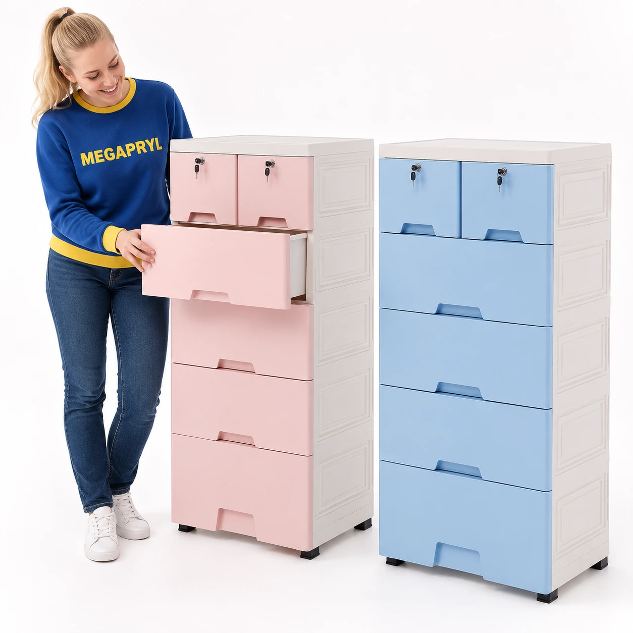 Förvaringsskåp i Plast med 6 Lådor, Hjul och 2 Låsbara Fack