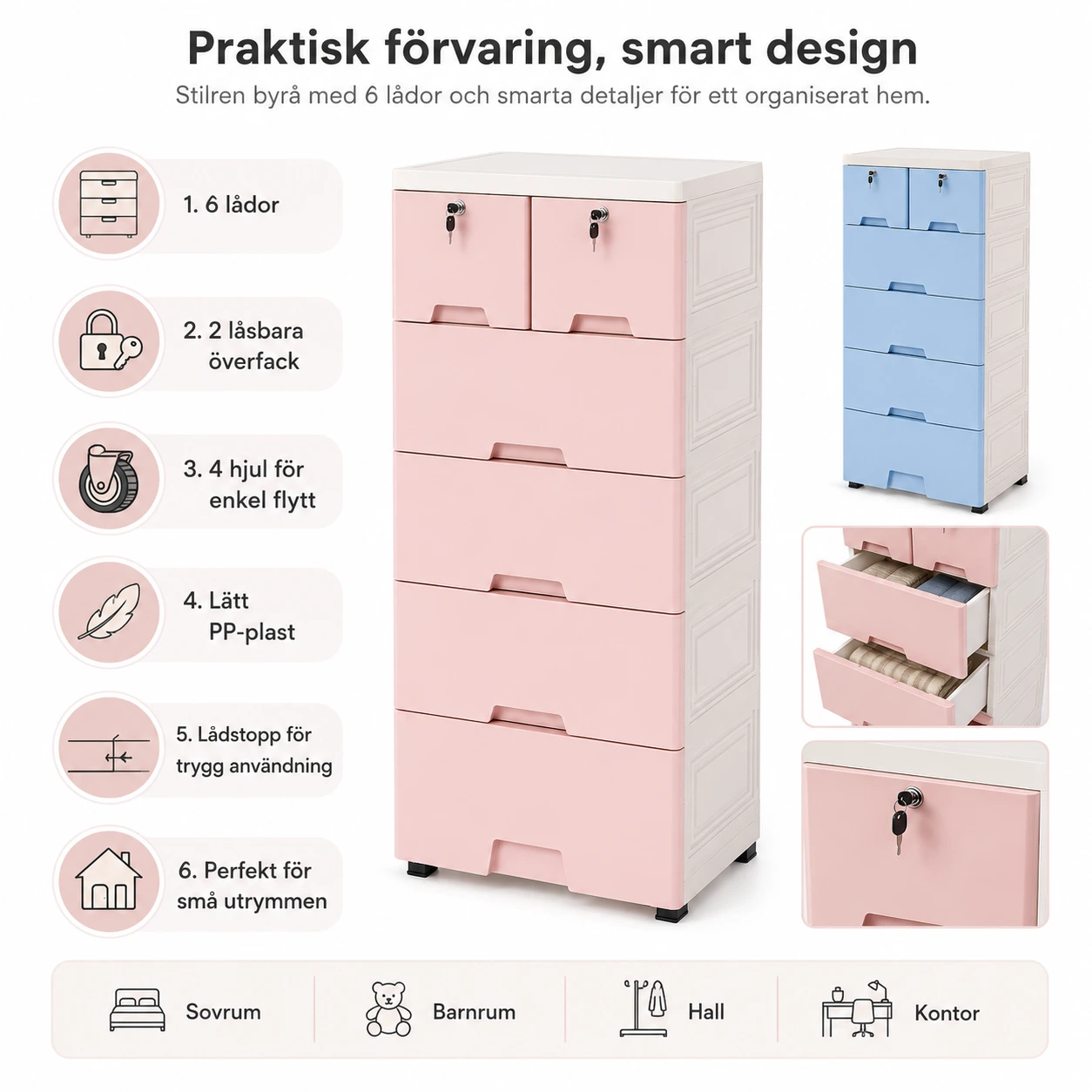 Förvaringsskåp i Plast med 6 Lådor, Hjul och 2 Låsbara Fack