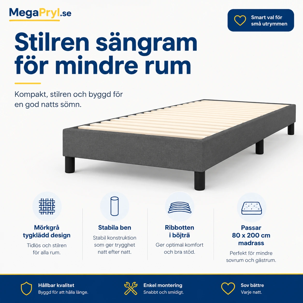 Sängram 80 x 200 cm i mörkgrått tyg