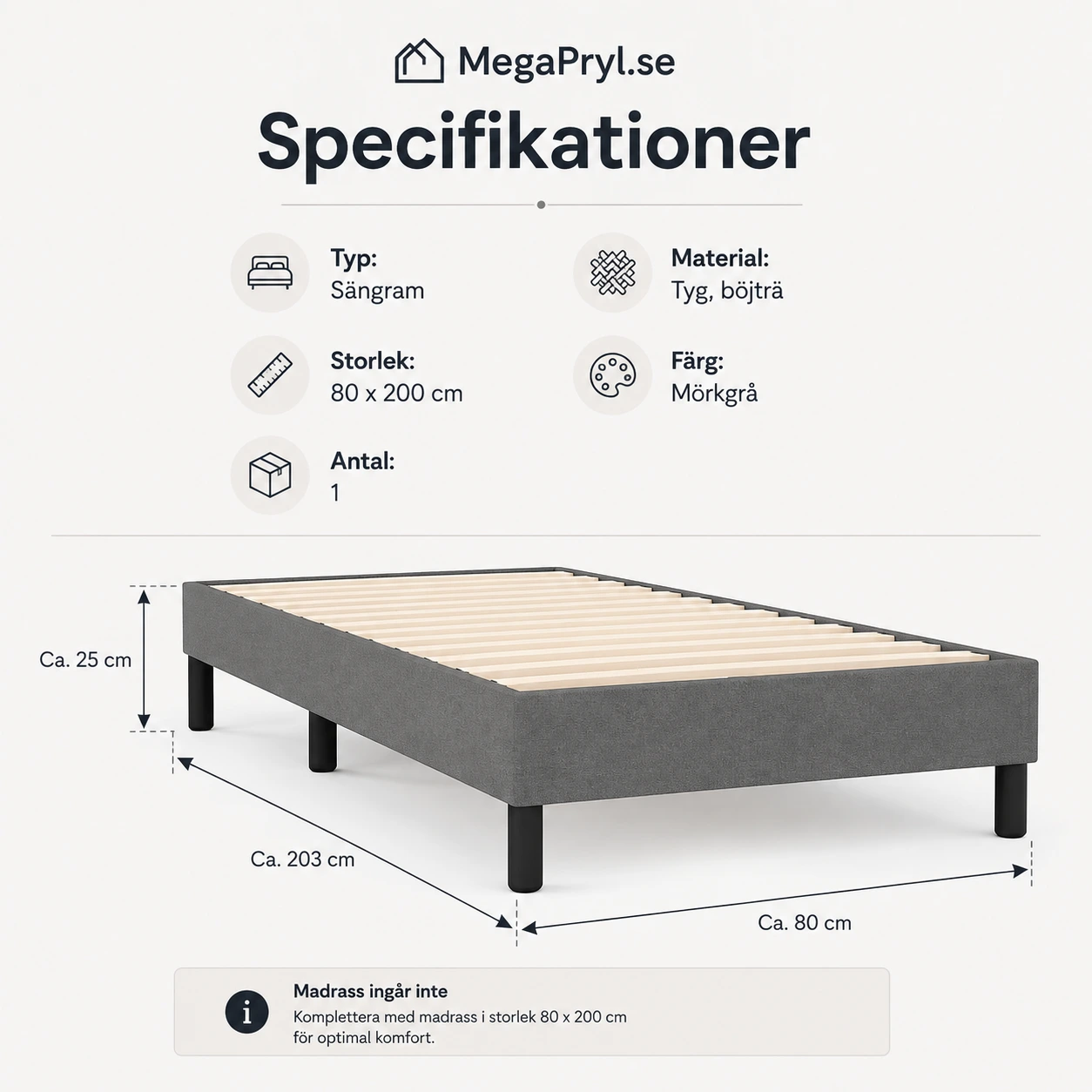 Sängram 80 x 200 cm i mörkgrått tyg
