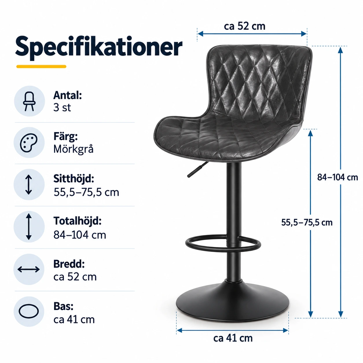 Barstolar för kök och bar, mörkgrå 3-pack