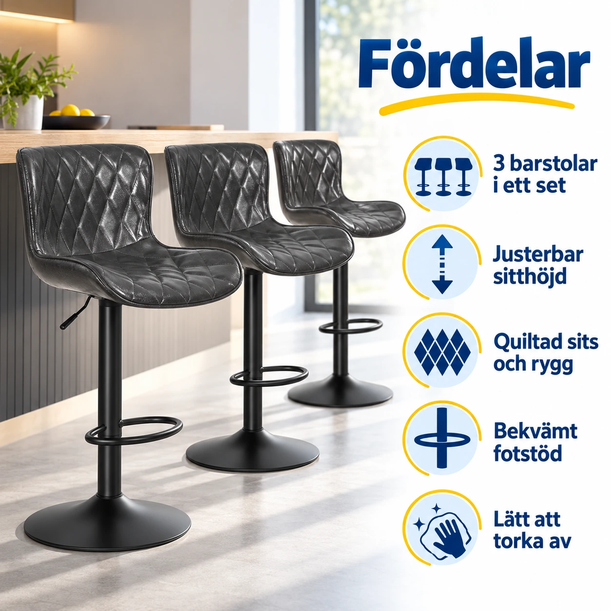 Barstolar för kök och bar, mörkgrå 3-pack