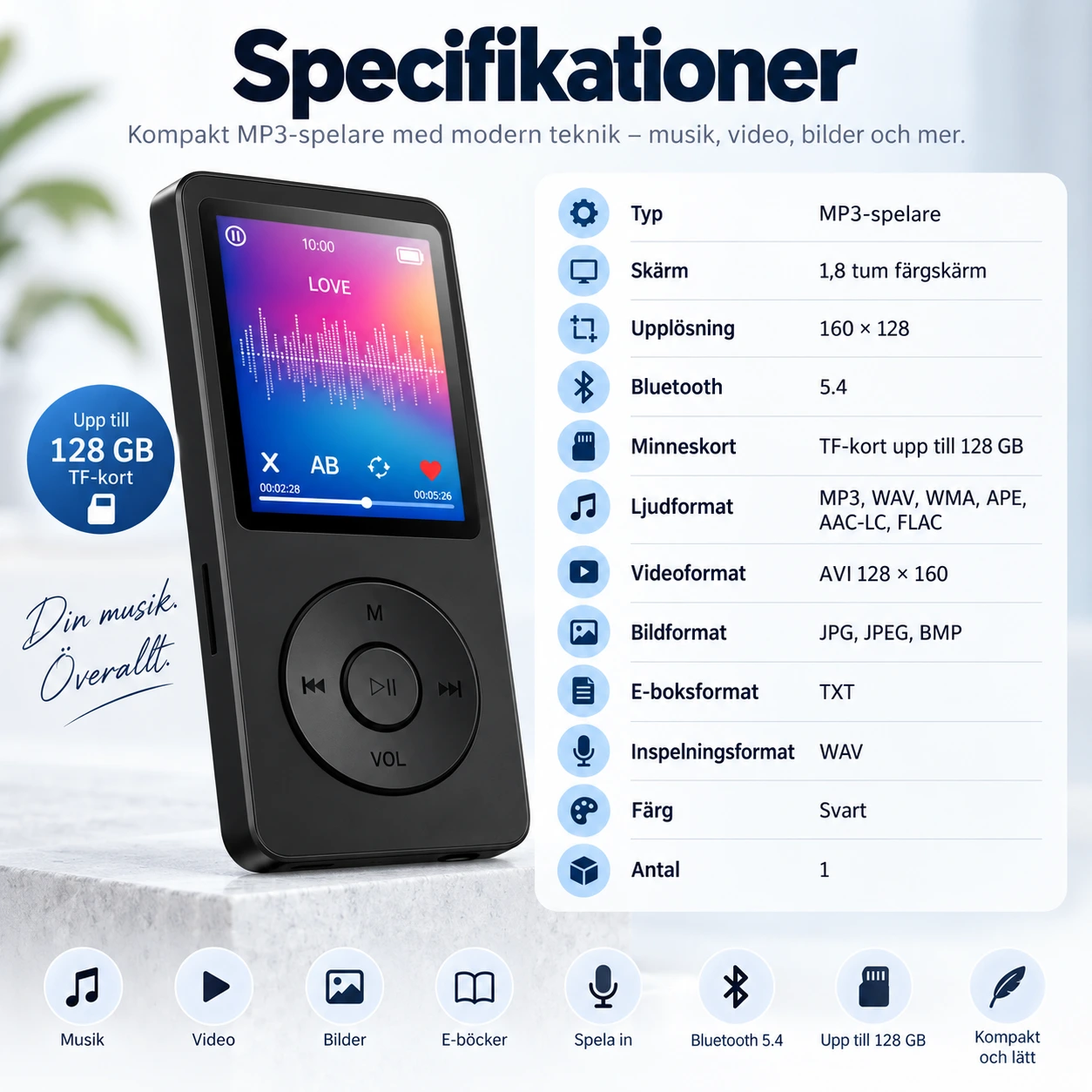 MP3-spelare med Bluetooth 5.4 och FM-radio
