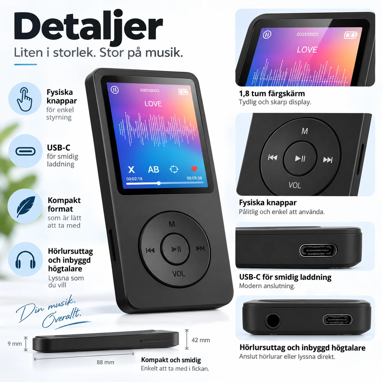 MP3-spelare med Bluetooth 5.4 och FM-radio