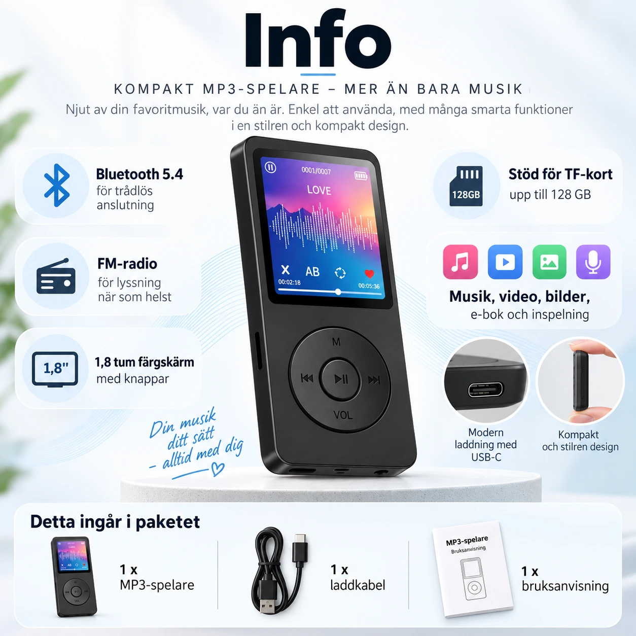MP3-spelare med Bluetooth 5.4 och FM-radio