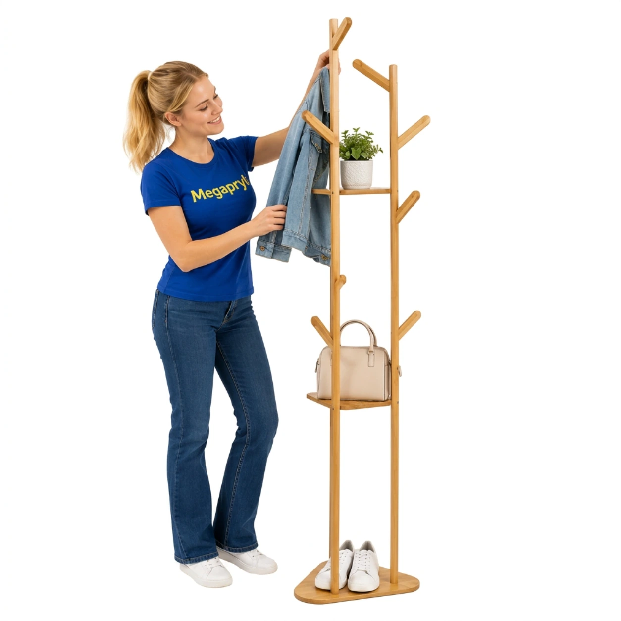 Bambu Klädhängare med 9 Krokar och 3 Hyllor – 160 cm