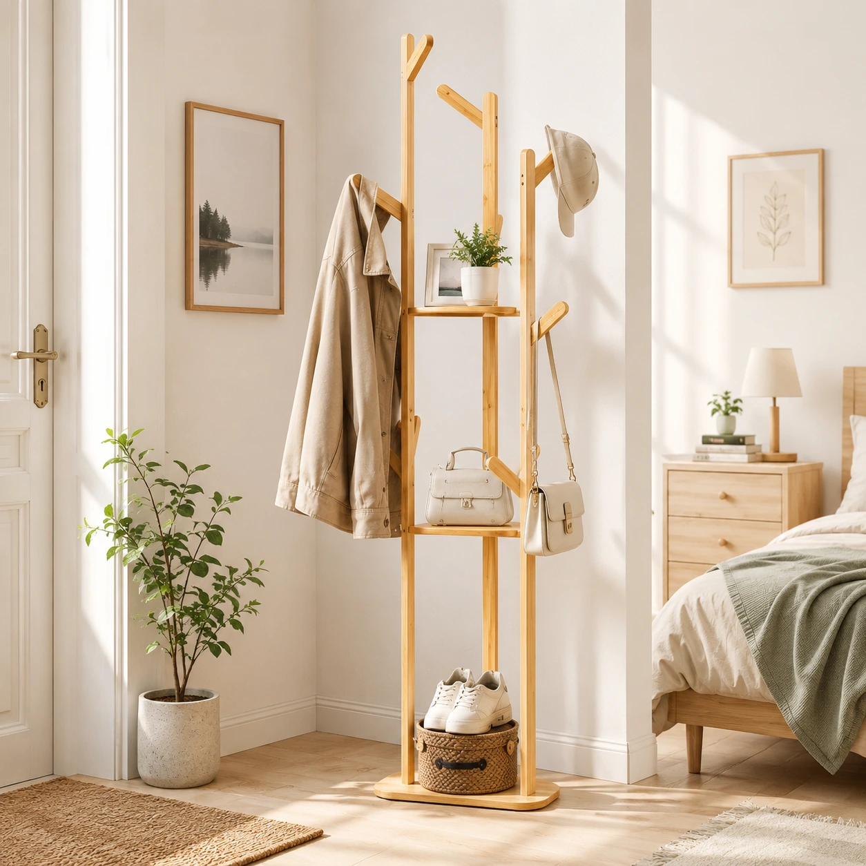 Bambu Klädhängare med 9 Krokar och 3 Hyllor – 160 cm