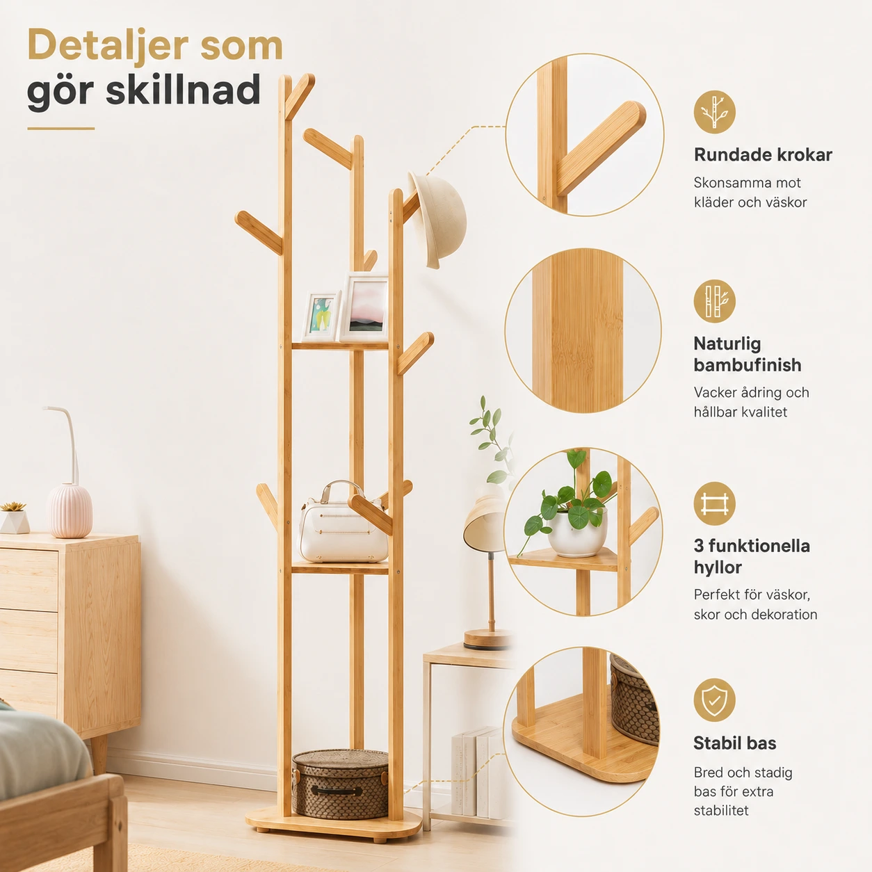 Bambu Klädhängare med 9 Krokar och 3 Hyllor – 160 cm