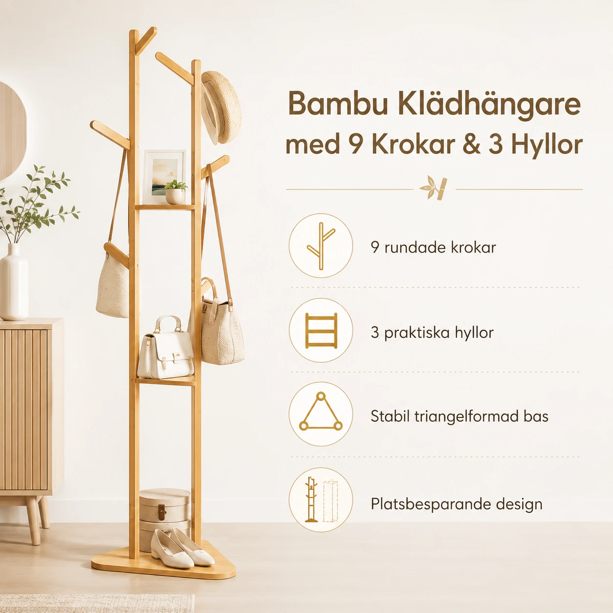 Bambu Klädhängare med 9 Krokar och 3 Hyllor – 160 cm