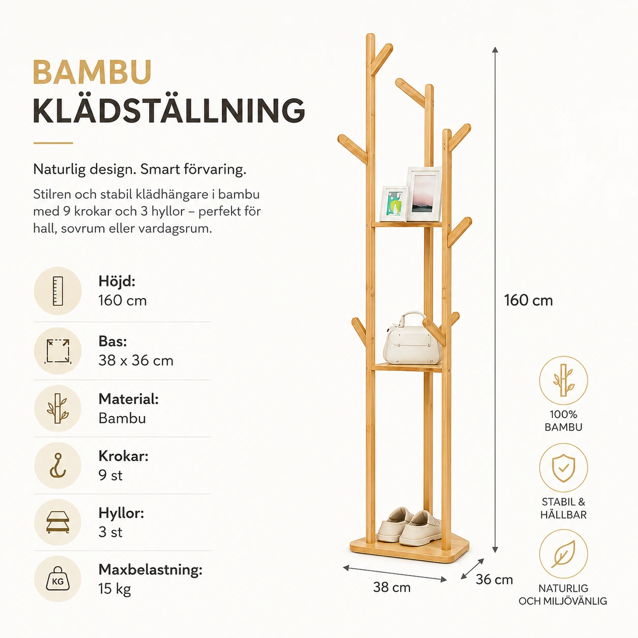 Bambu Klädhängare med 9 Krokar och 3 Hyllor – 160 cm