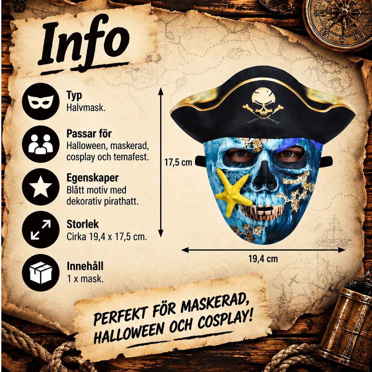 Piratmask för maskerad och halloween