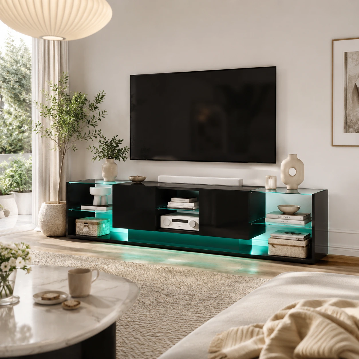 Tv-bänk 200 cm med högblank front och LED-belysning