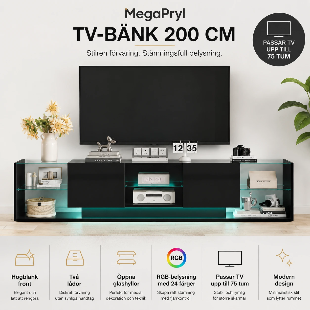 Tv-bänk 200 cm med högblank front och LED-belysning