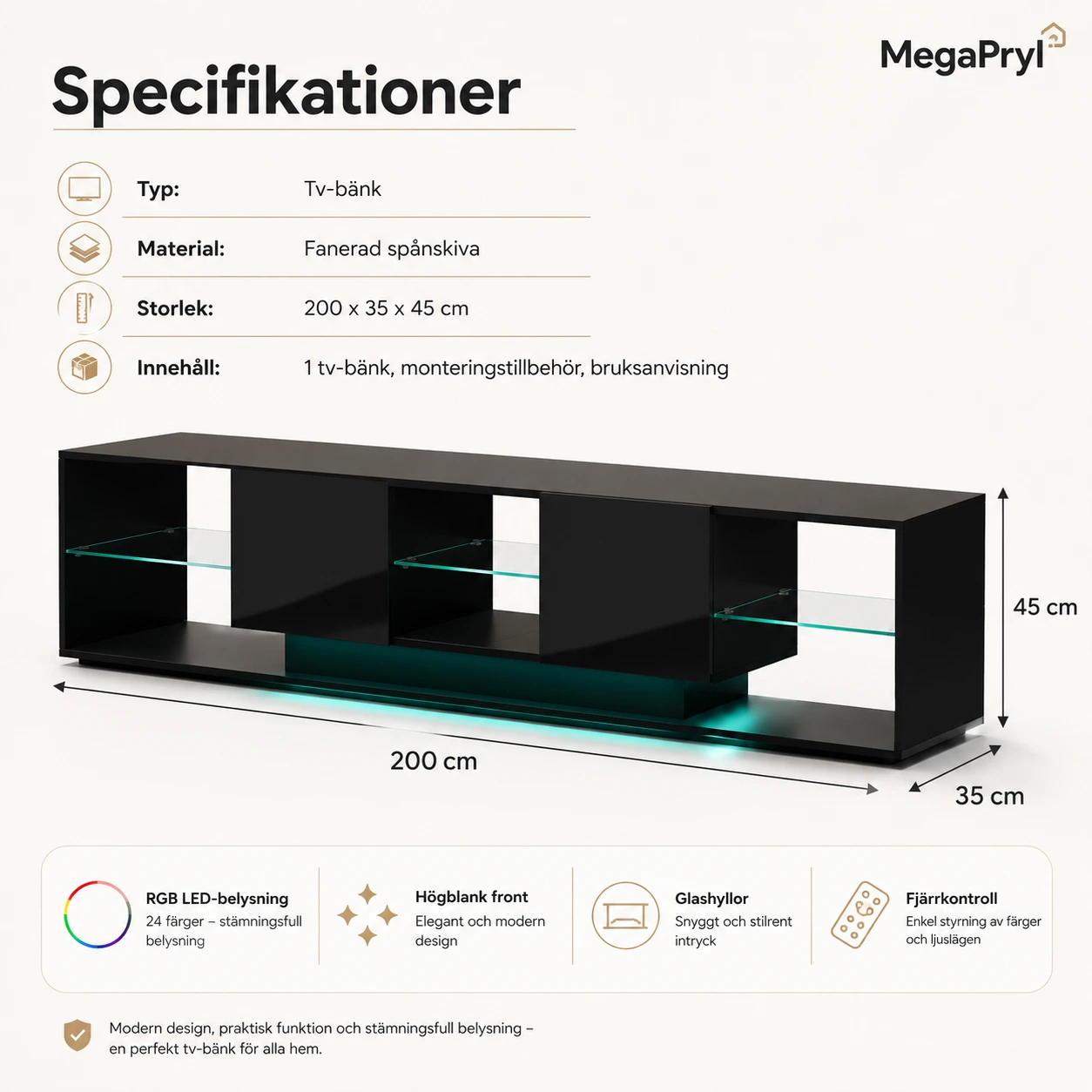Tv-bänk 200 cm med högblank front och LED-belysning