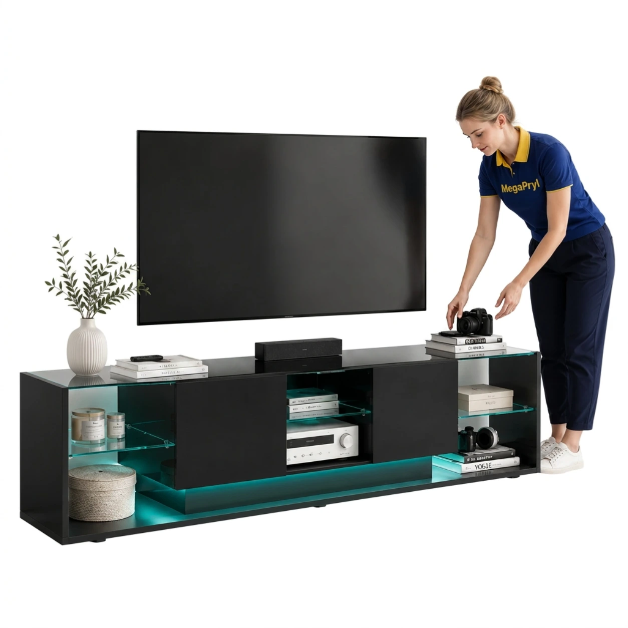 Tv-bänk 200 cm med högblank front och LED-belysning
