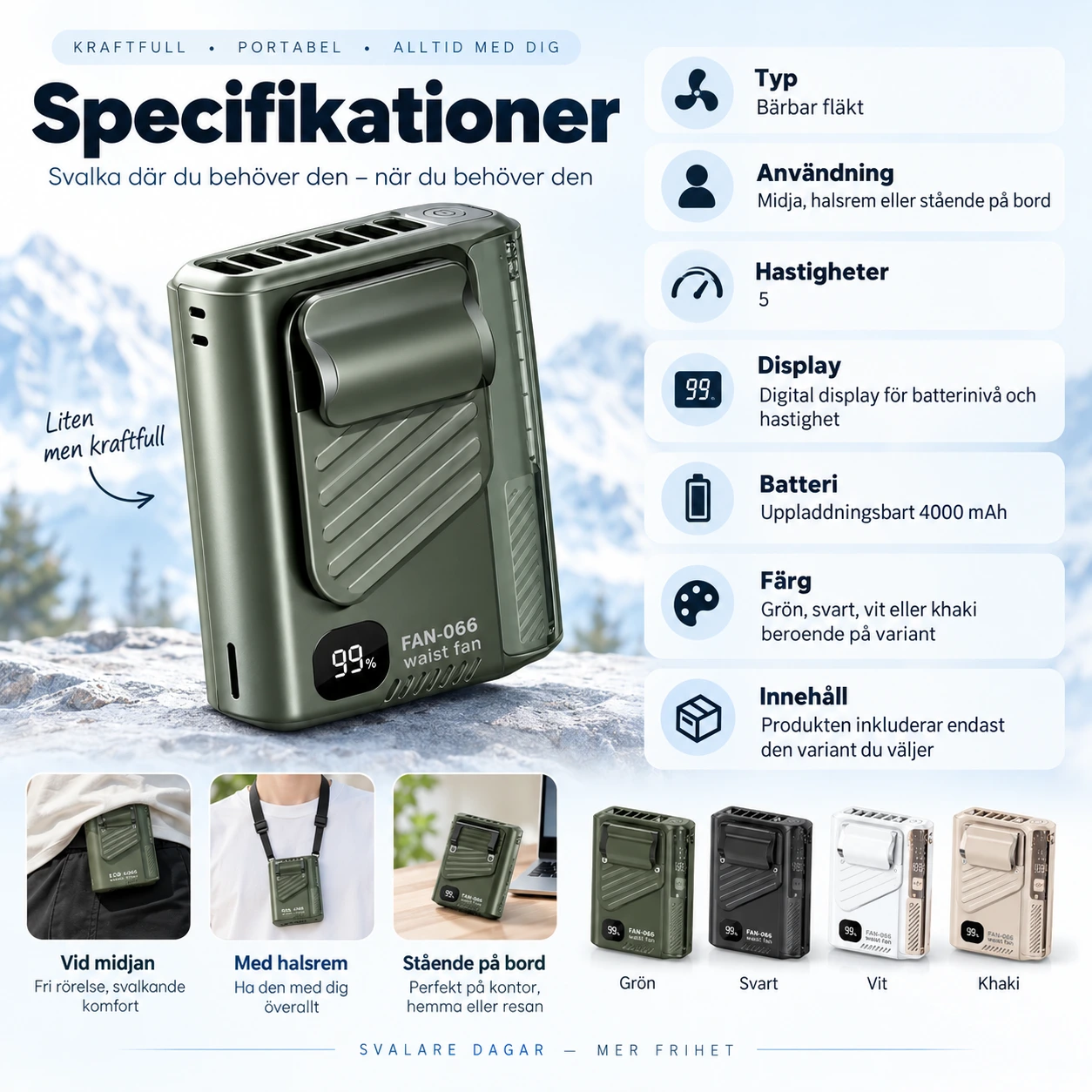 Midjefläkt med display och 5 hastigheter