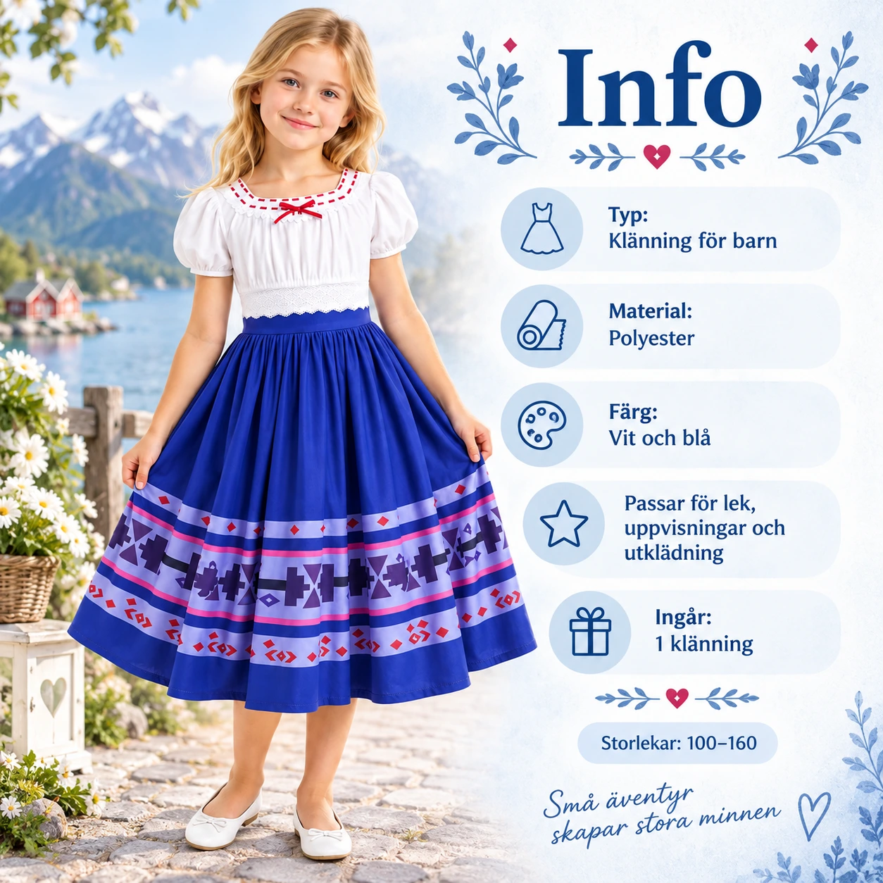 Lasten mekko pitsiyläosalla ja kuvioidulla hameella