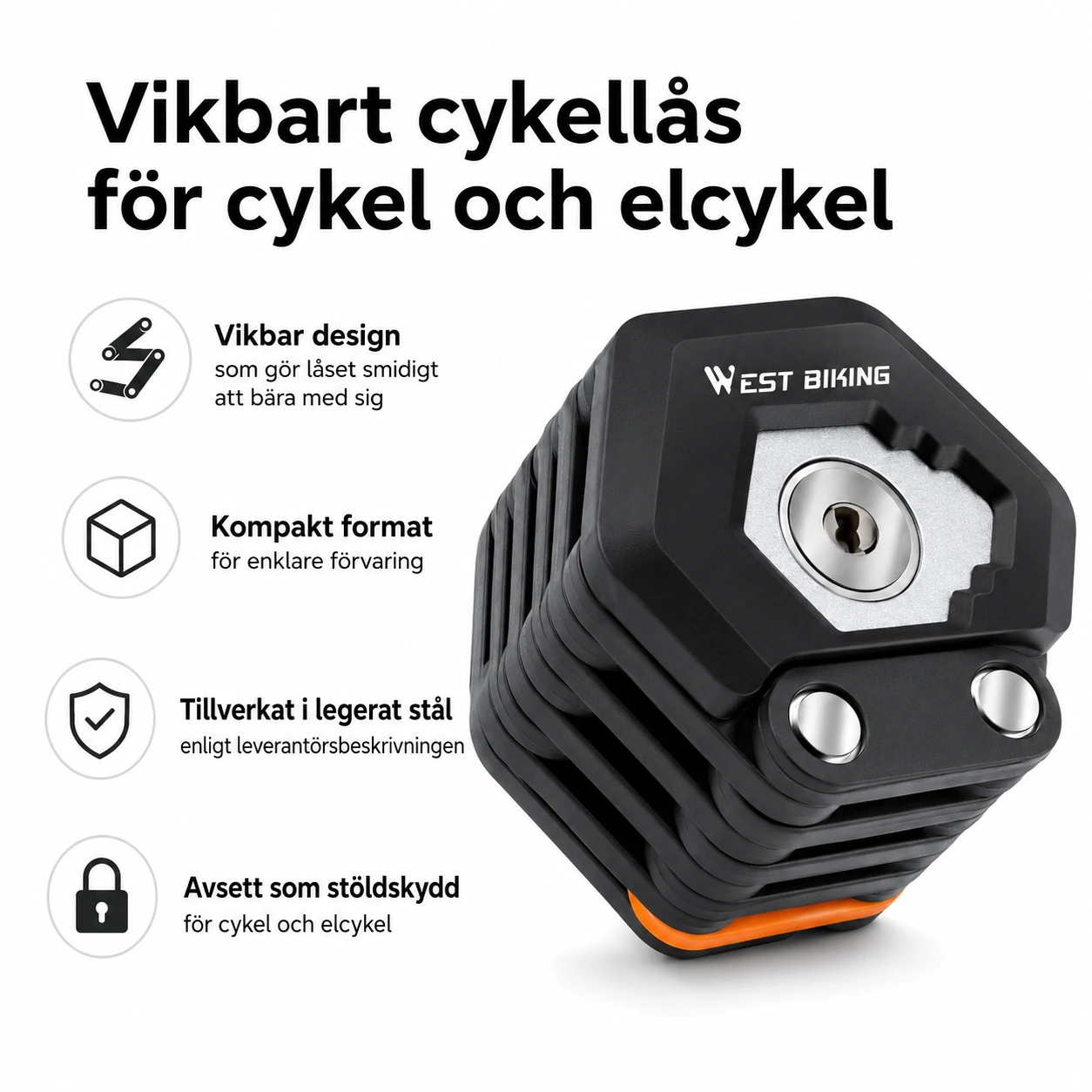Vikbart cykellås för cykel och elcykel