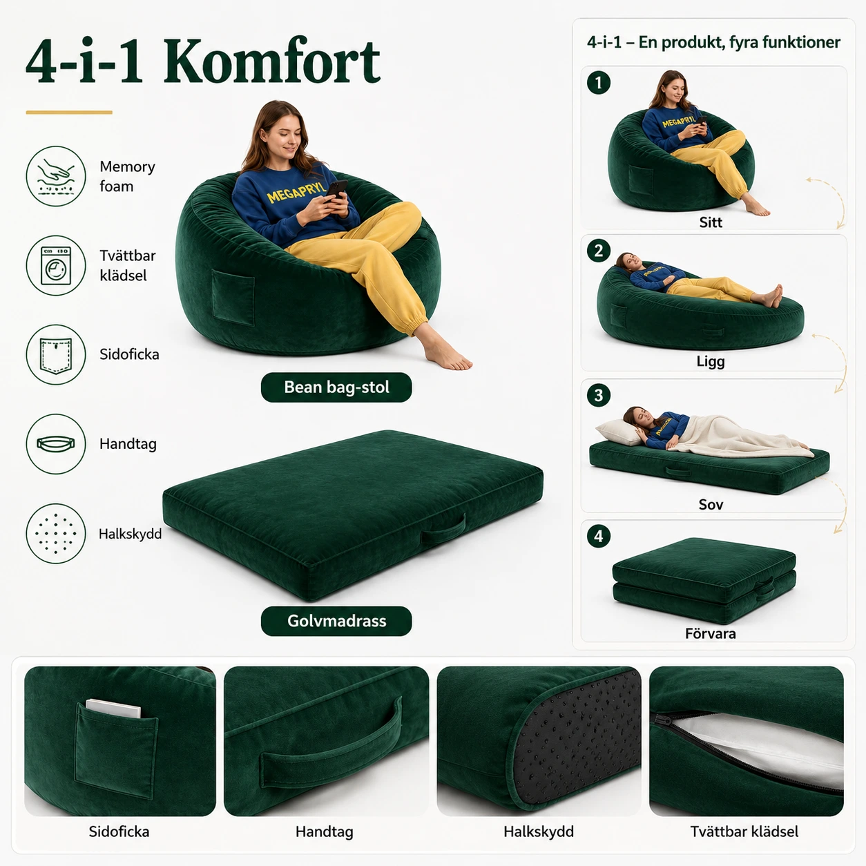 Bean Bag 4-i-1 i Flanell 120 cm med Memory Foam