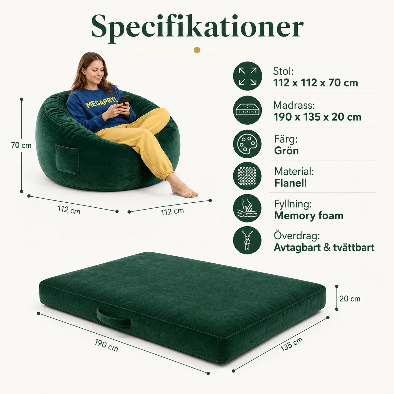 Bean Bag 4-i-1 i Flanell 120 cm med Memory Foam