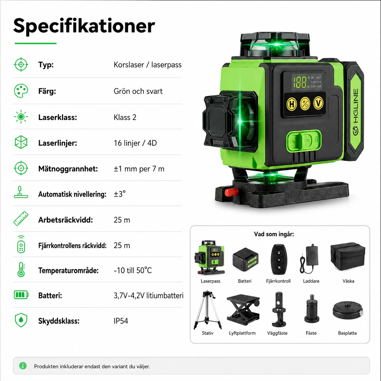 Korslaser 16 linjer med självutjämning och grön laser