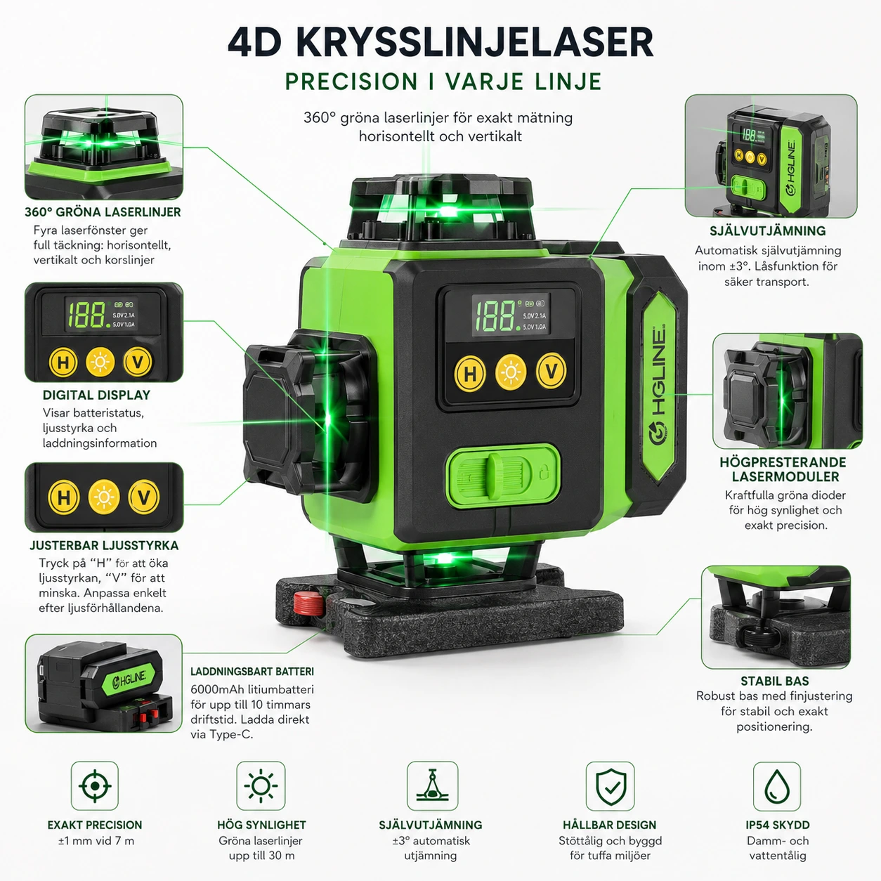 Korslaser 16 linjer med självutjämning och grön laser