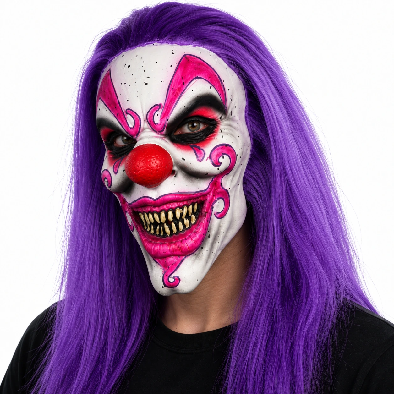Klovnemaske i lateks med lilla hår