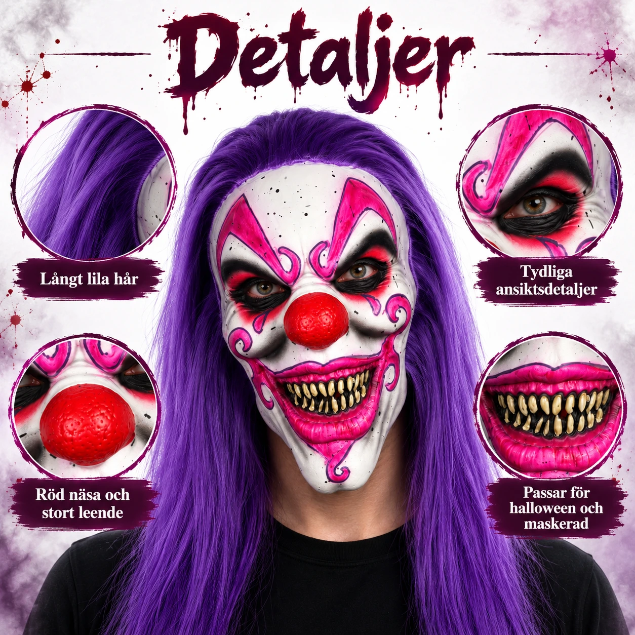 Klovnemaske i lateks med lilla hår