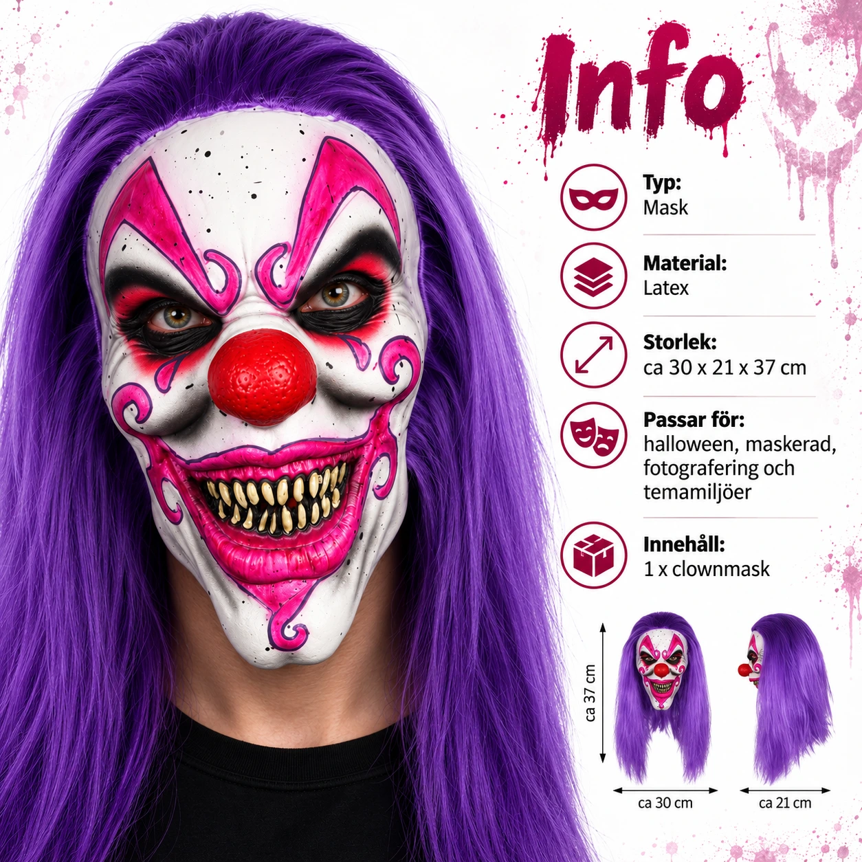 Klovnemaske i lateks med lilla hår