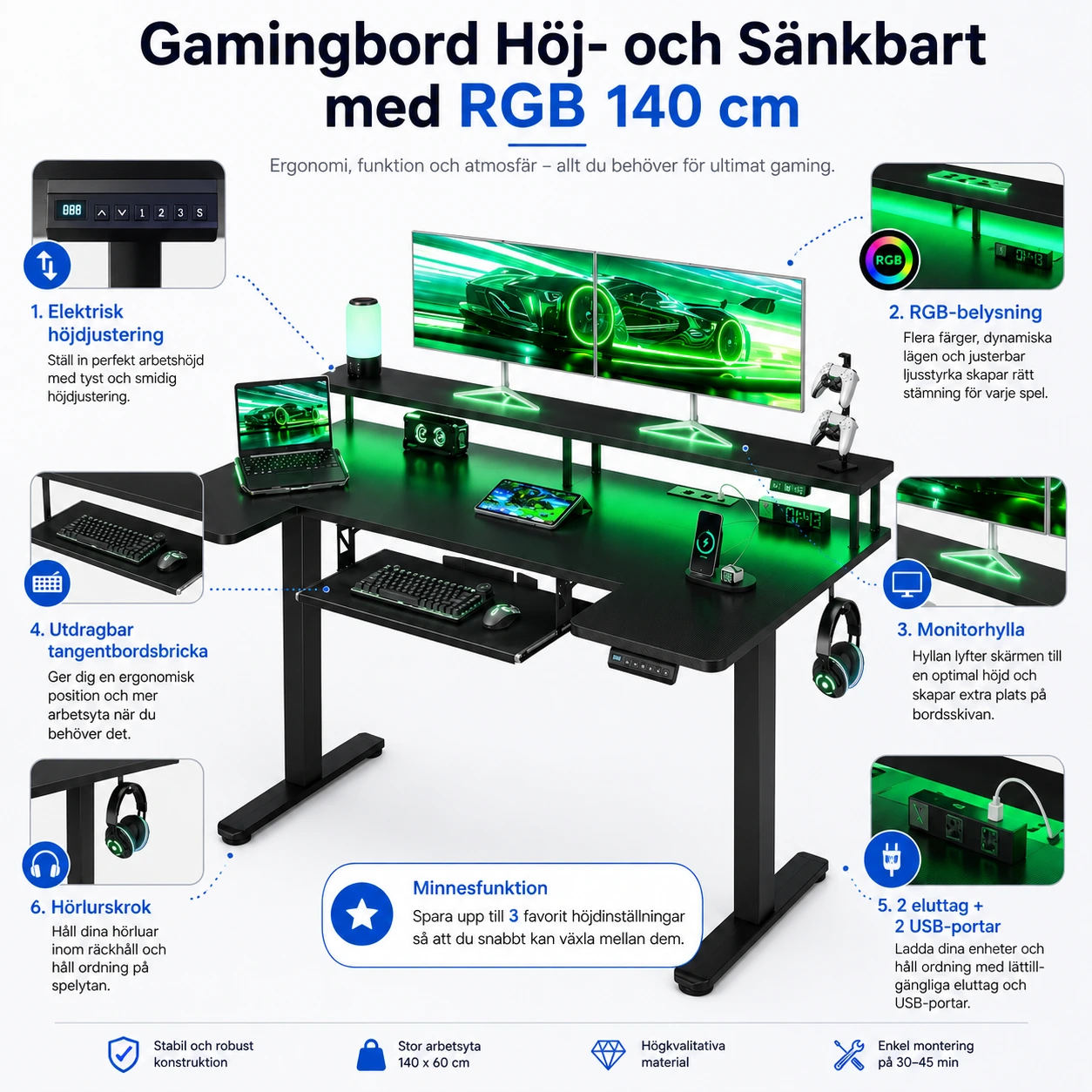 Gamingbord Höj- och Sänkbart med RGB 140 cm