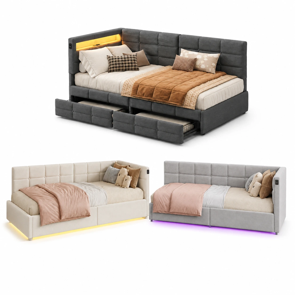 Sängsoffa med LED, USB och Förvaring 90x200