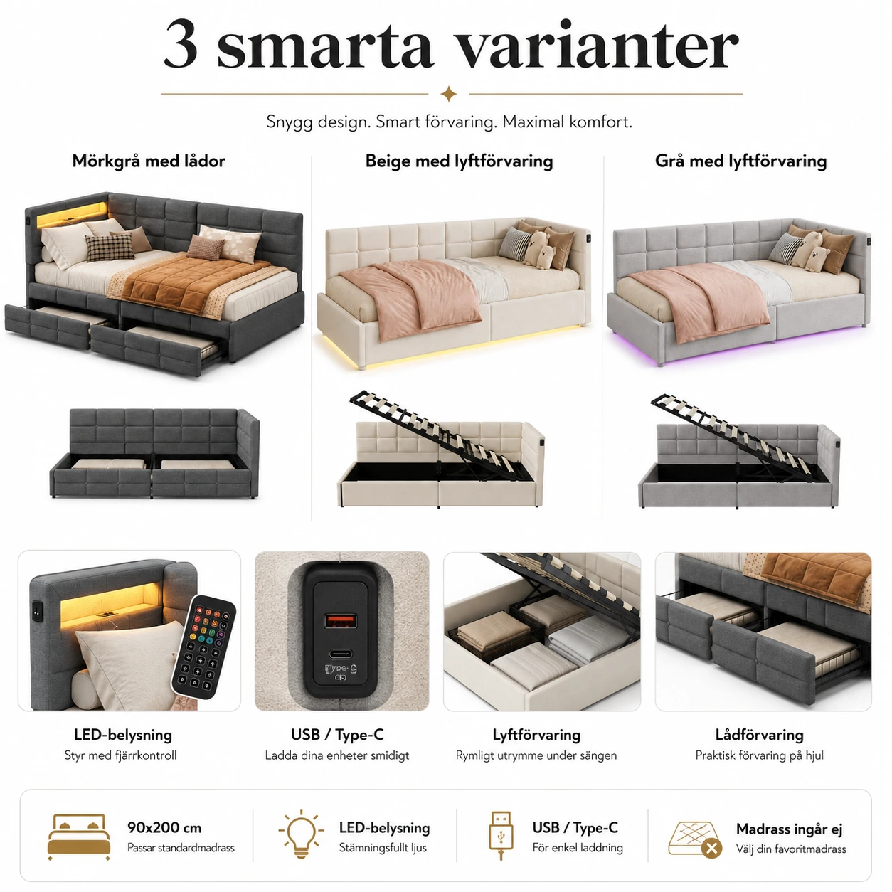 Sängsoffa med LED, USB och Förvaring 90x200