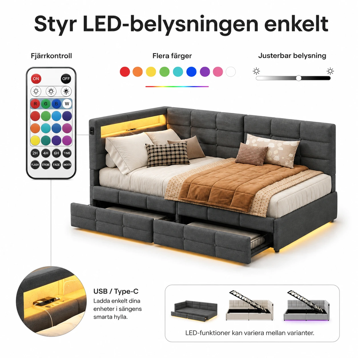 Sängsoffa med LED, USB och Förvaring 90x200