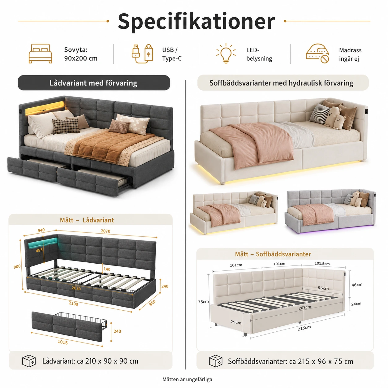 Sängsoffa med LED, USB och Förvaring 90x200