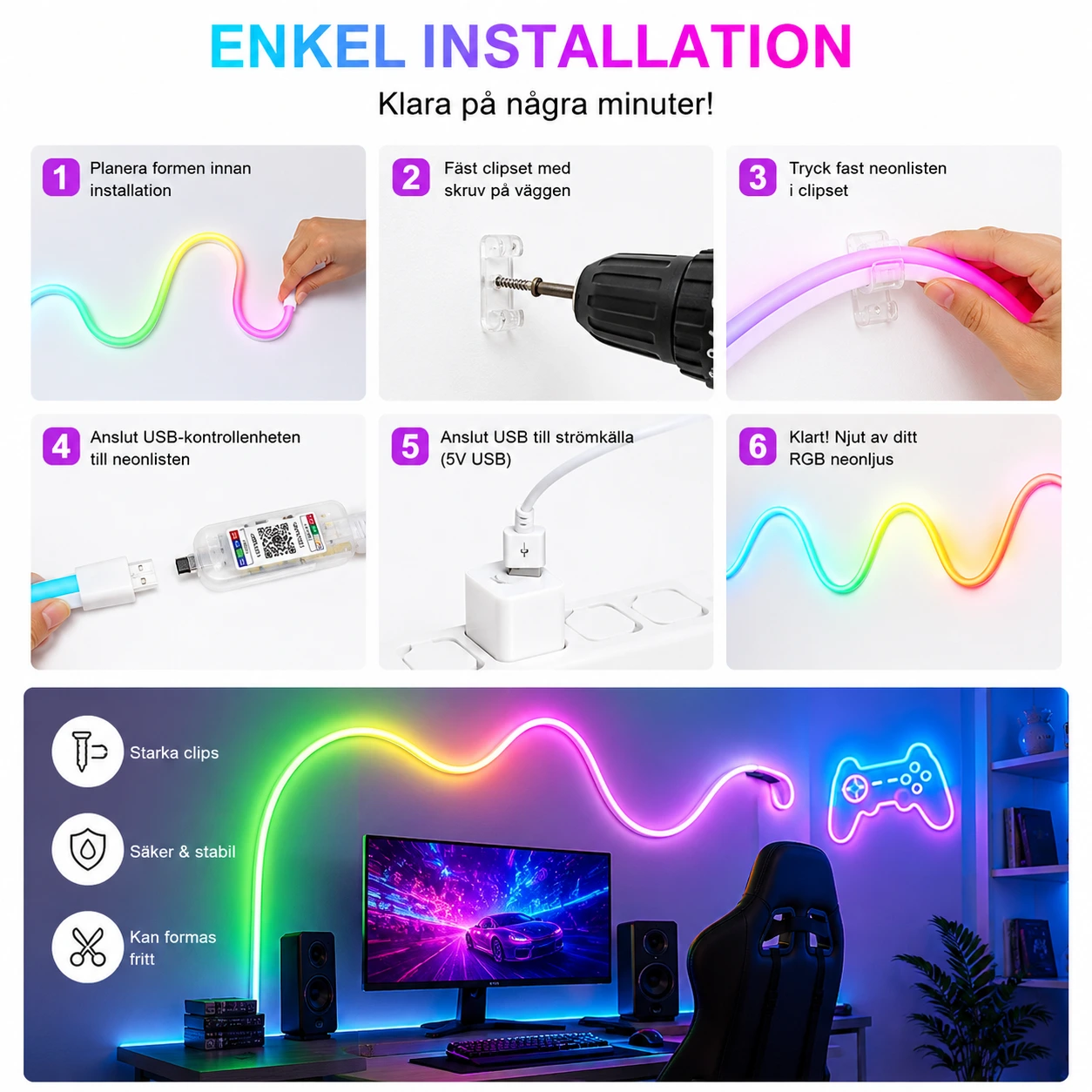 LED Neonlist RGB – Smart Neon Strip med App & Musikläge