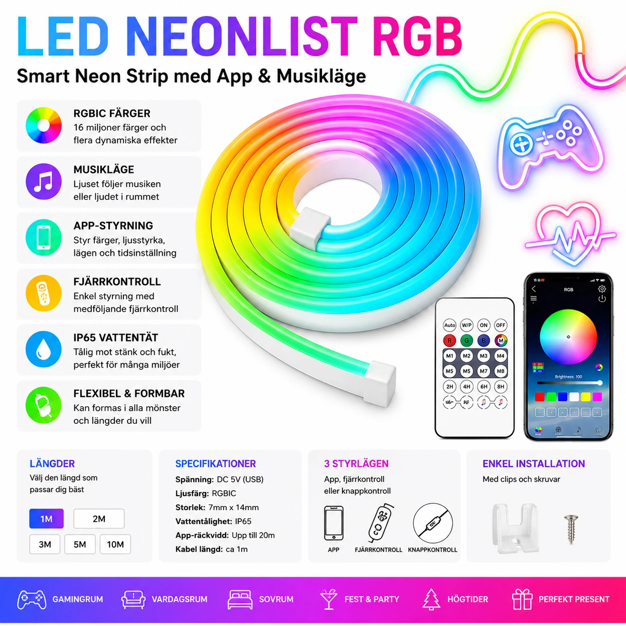 LED Neonlist RGB – Smart Neon Strip med App & Musikläge