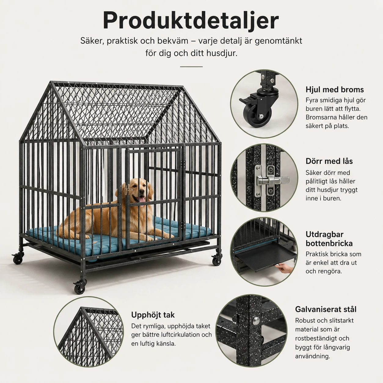 Hundbur på hjul med avtagbar bottenbricka