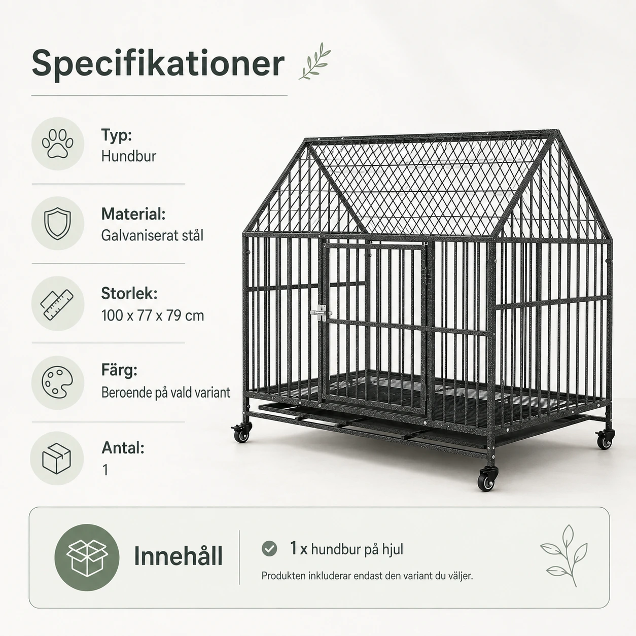 Hundbur på hjul med avtagbar bottenbricka