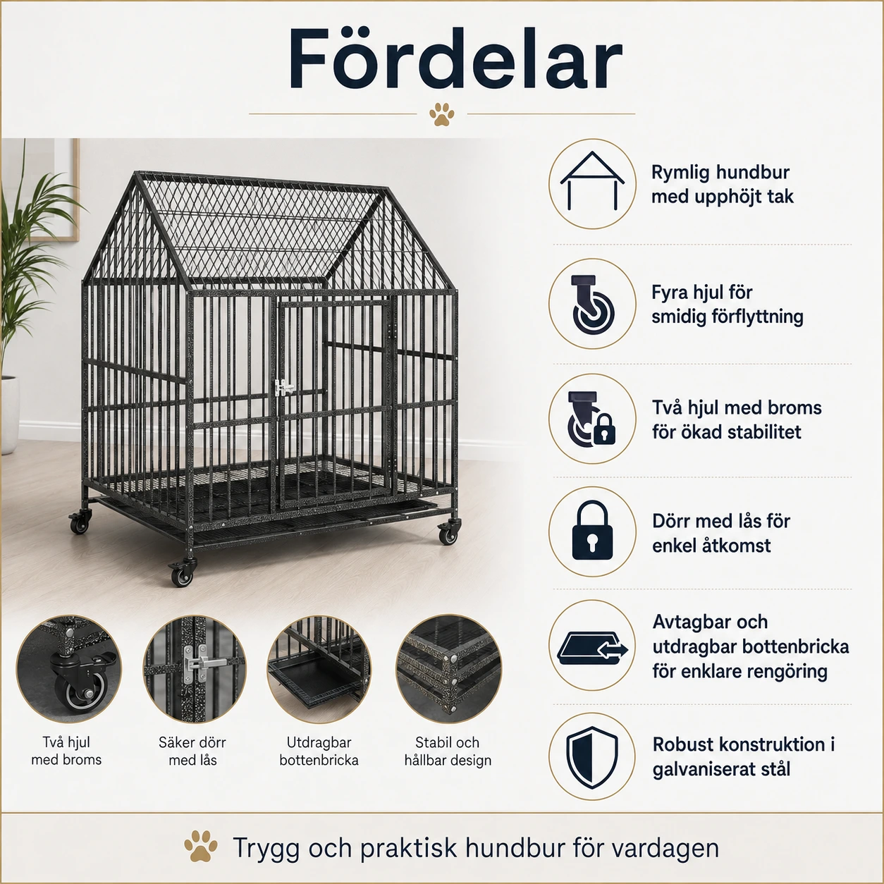 Hundbur på hjul med avtagbar bottenbricka