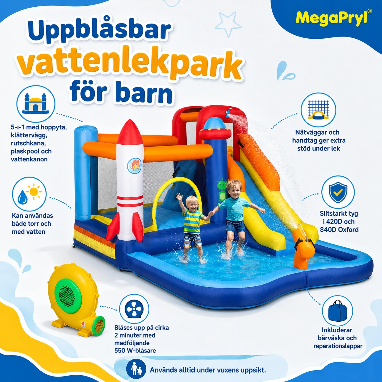 Uppblåsbar vattenlekpark för barn med rutschkana och plaskpool