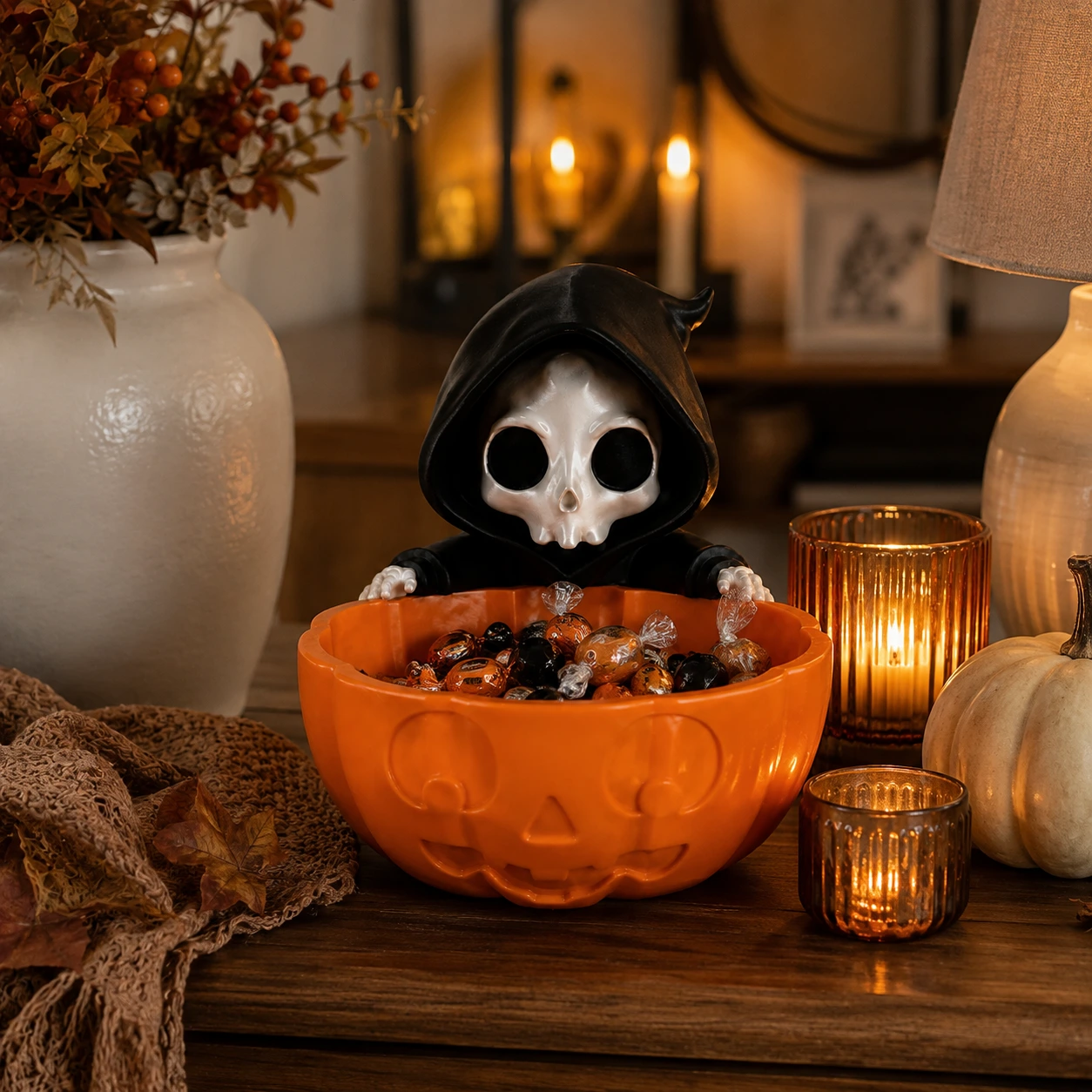 Halloween godisskål med dödskallefigur