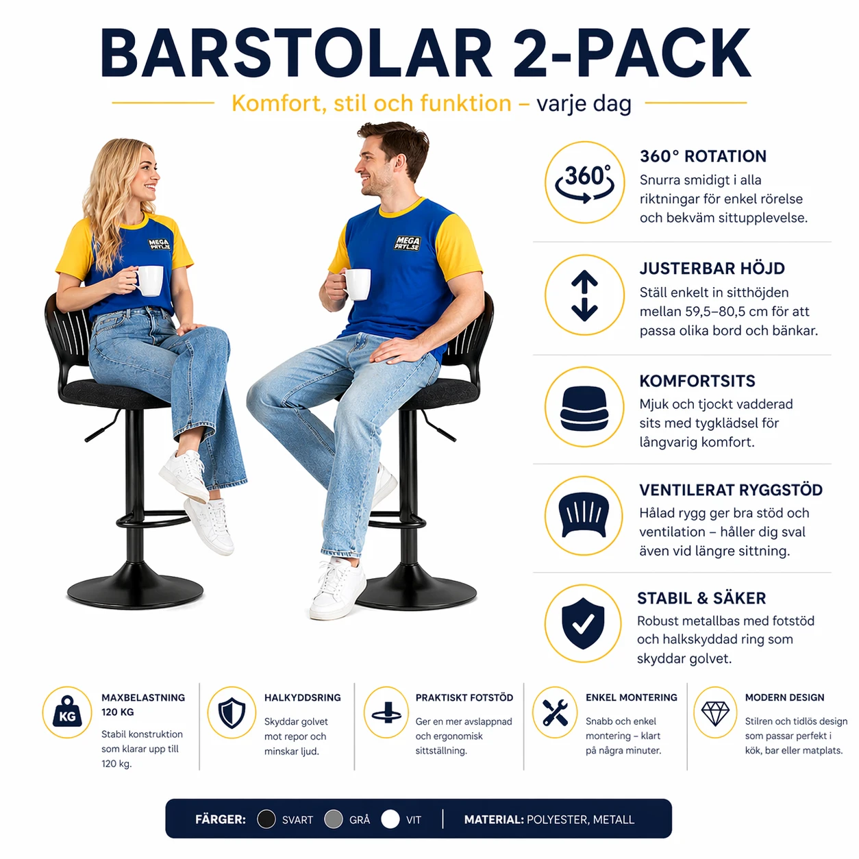 Barstolar 2-pack – Justerbar höjd & 360° rotation