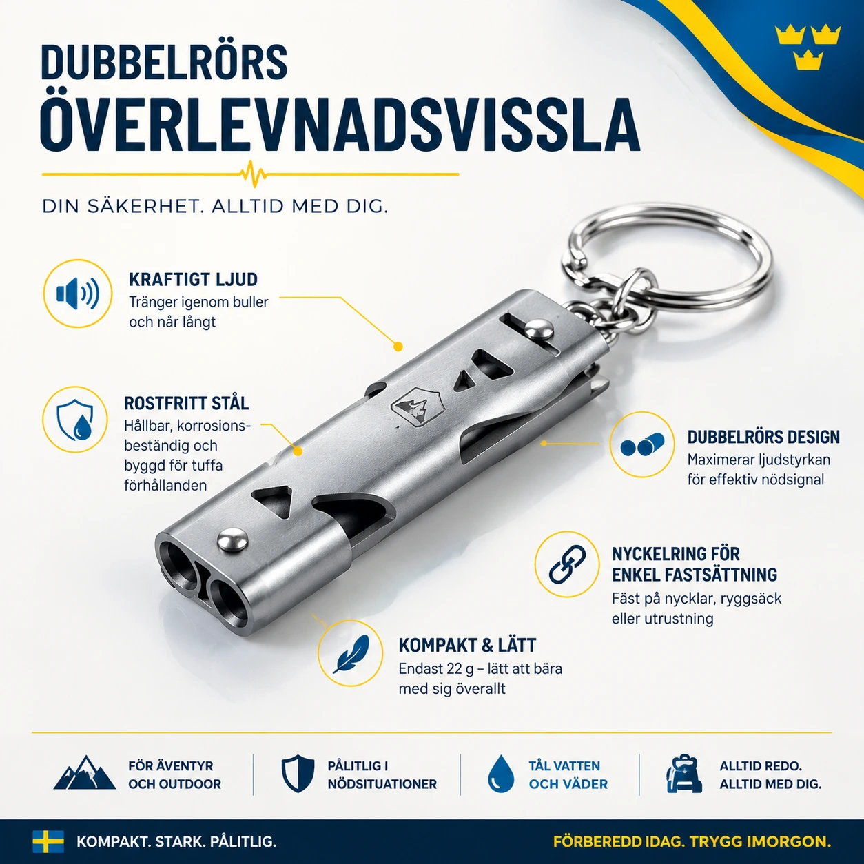 Överlevnadsvisselpipa i Rostfritt Stål med Nyckelring