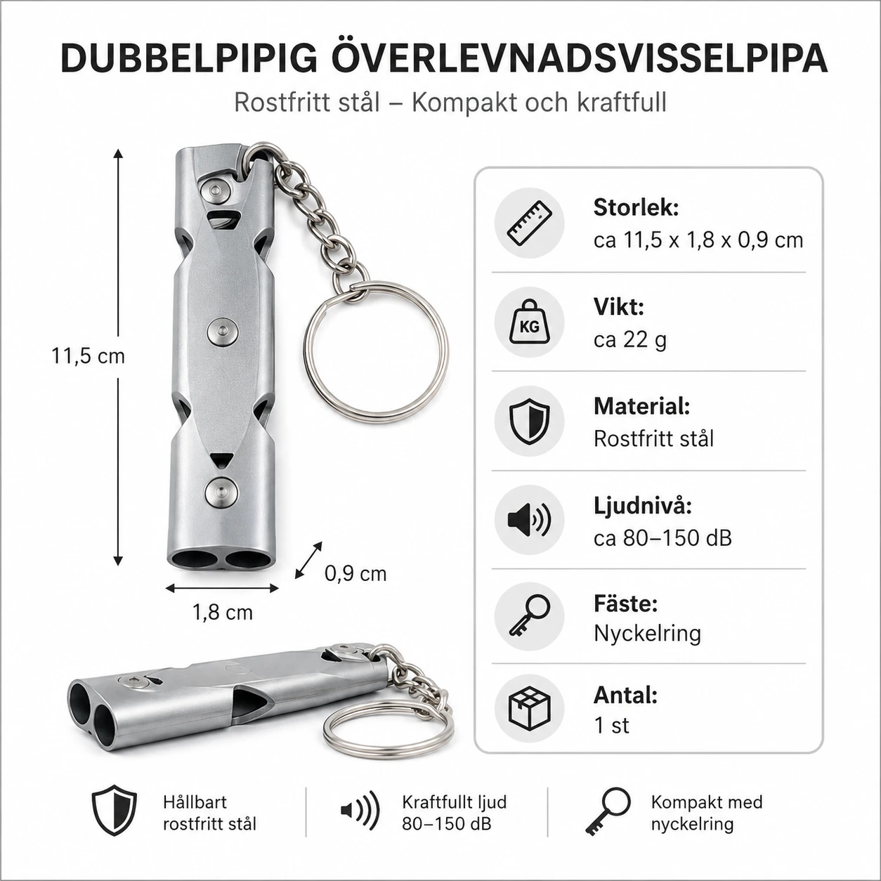 Överlevnadsvisselpipa i Rostfritt Stål med Nyckelring