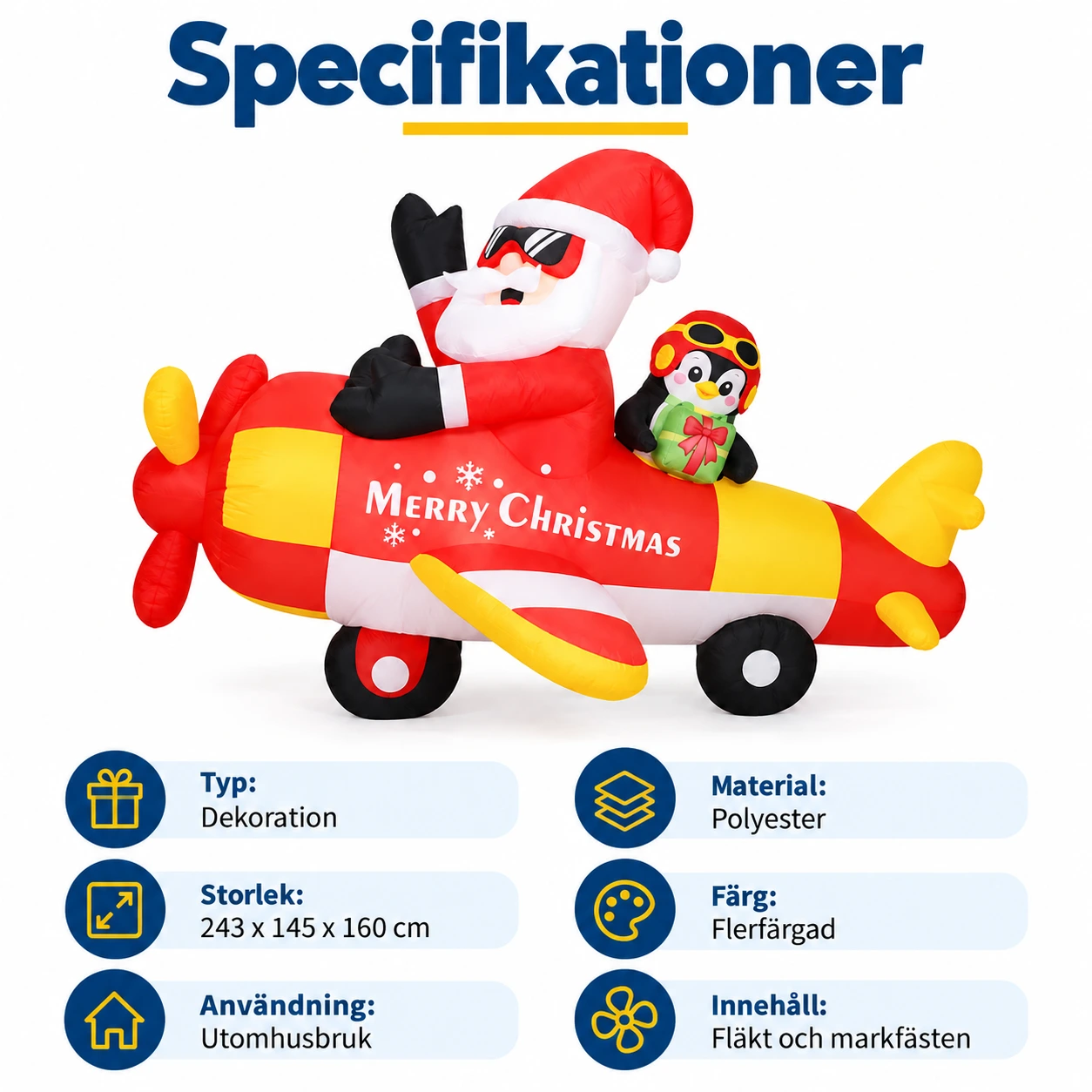 Uppblåsbar juldekoration för utomhusbruk med tomte i flygplan